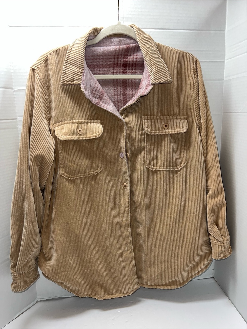 Krush Tan Corduroy Utility Jacket with Pink Plaid Reversible